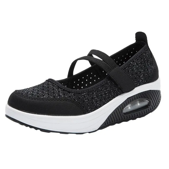 Basic Mesh Shoes Thick Bottom PVC Insole Platform Shoes Air Cushion Women's Solid Wedges Shoes Rocking Shoes Running Shoes 35