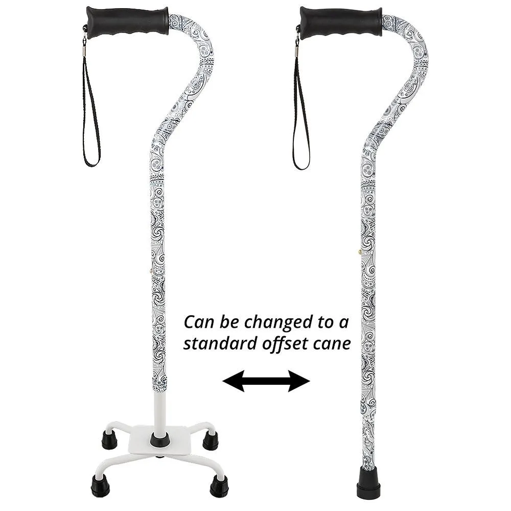 Black and White Convertible Quad Base Walking Cane with Comfort Grip - Adjustable Shaft