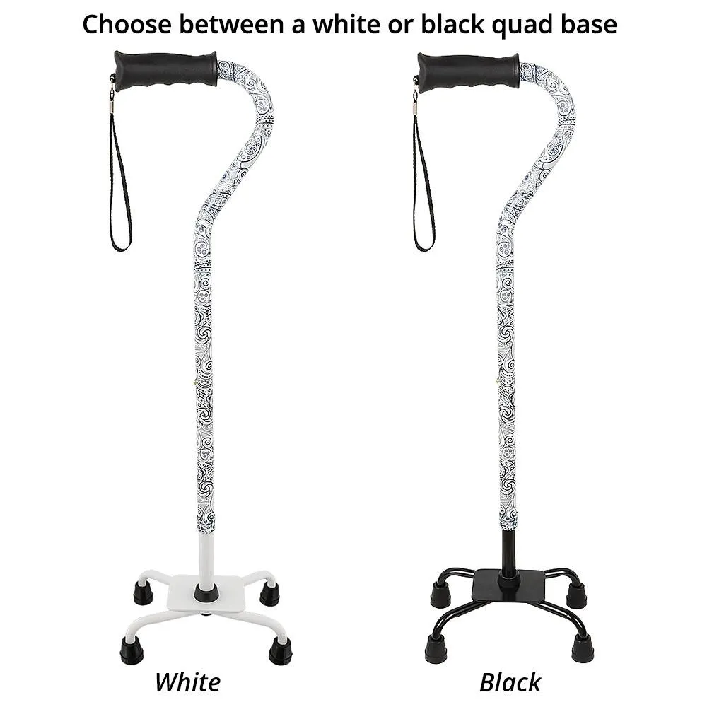 Black and White Convertible Quad Base Walking Cane with Comfort Grip - Adjustable Shaft
