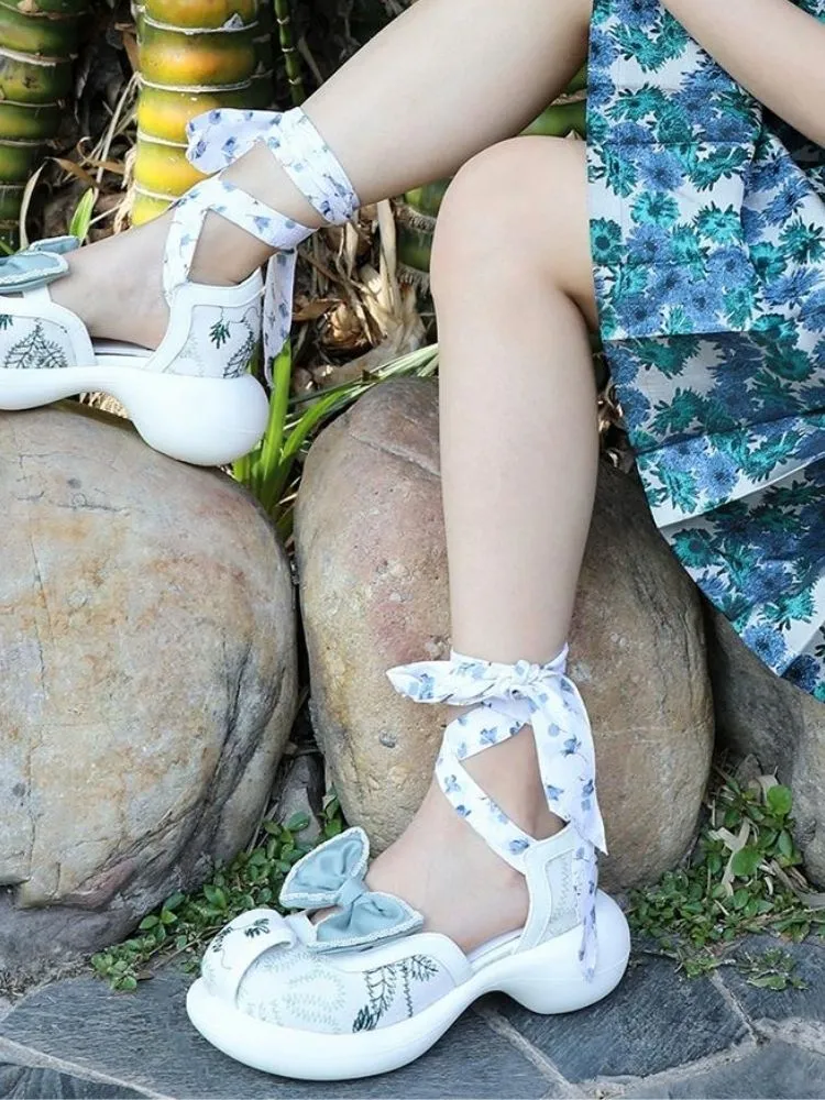 Canvas Floral Ankle Lace Up Platform Shoes【s0000002793】