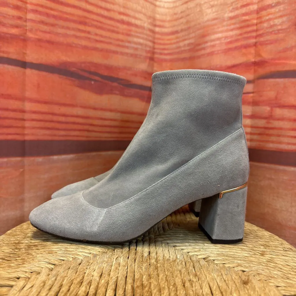 COLE HAAN GRAY FAUX SUEDE SOCK BOOT WITH GOLD DETAIL HEEL SIZE 7.5