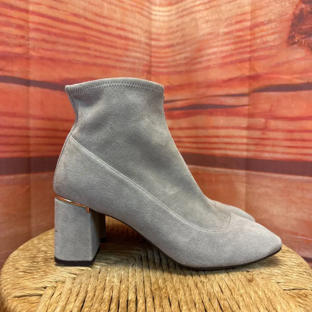 COLE HAAN GRAY FAUX SUEDE SOCK BOOT WITH GOLD DETAIL HEEL SIZE 7.5