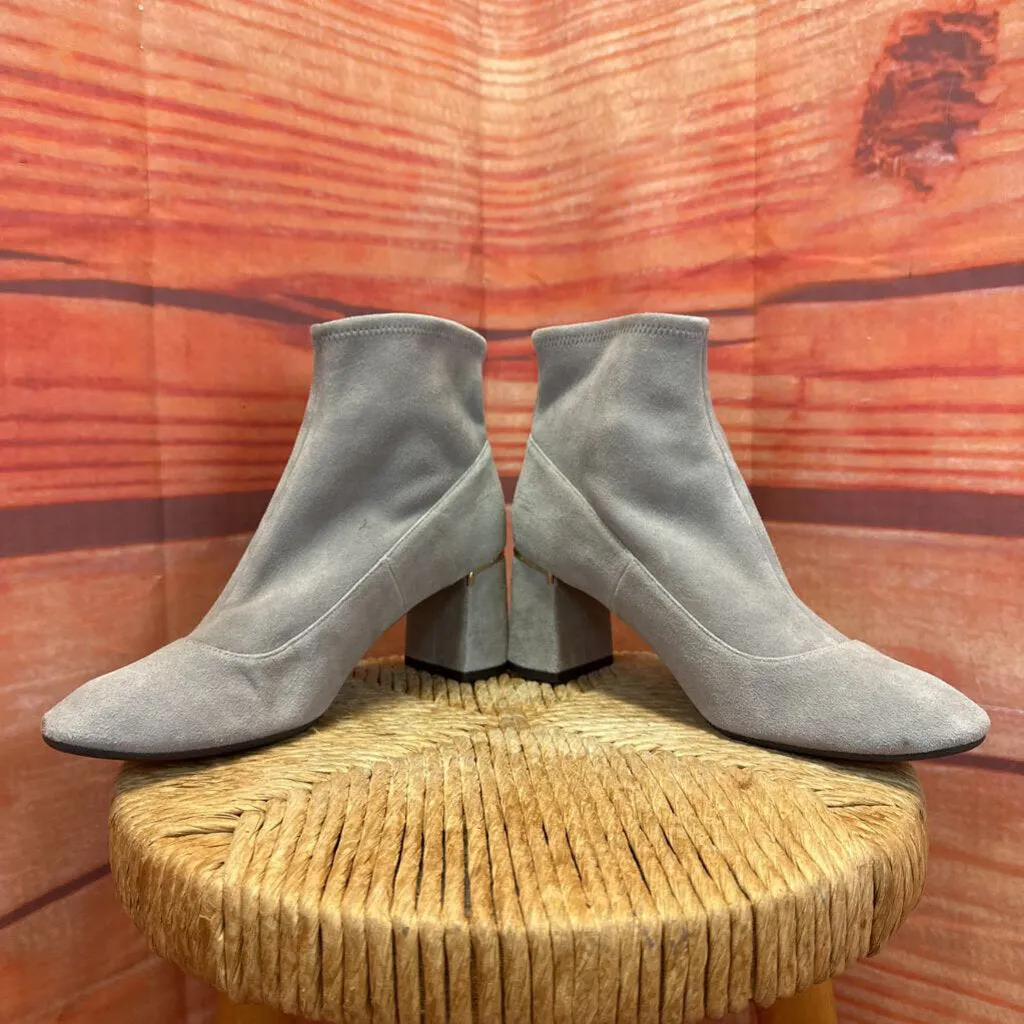 COLE HAAN GRAY FAUX SUEDE SOCK BOOT WITH GOLD DETAIL HEEL SIZE 7.5