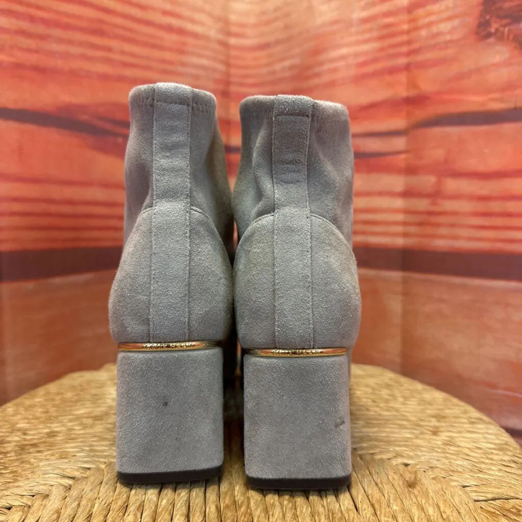 COLE HAAN GRAY FAUX SUEDE SOCK BOOT WITH GOLD DETAIL HEEL SIZE 7.5