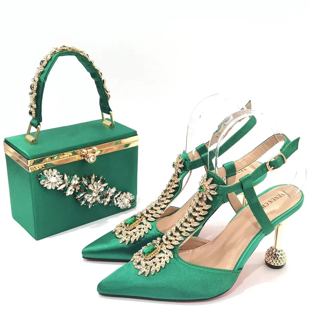 Comfortable Streamlined Pointed Toe Women's Shoes Matching Big Crystal Square Box Bag