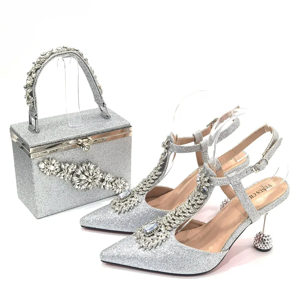Comfortable Streamlined Pointed Toe Women's Shoes Matching Big Crystal Square Box Bag