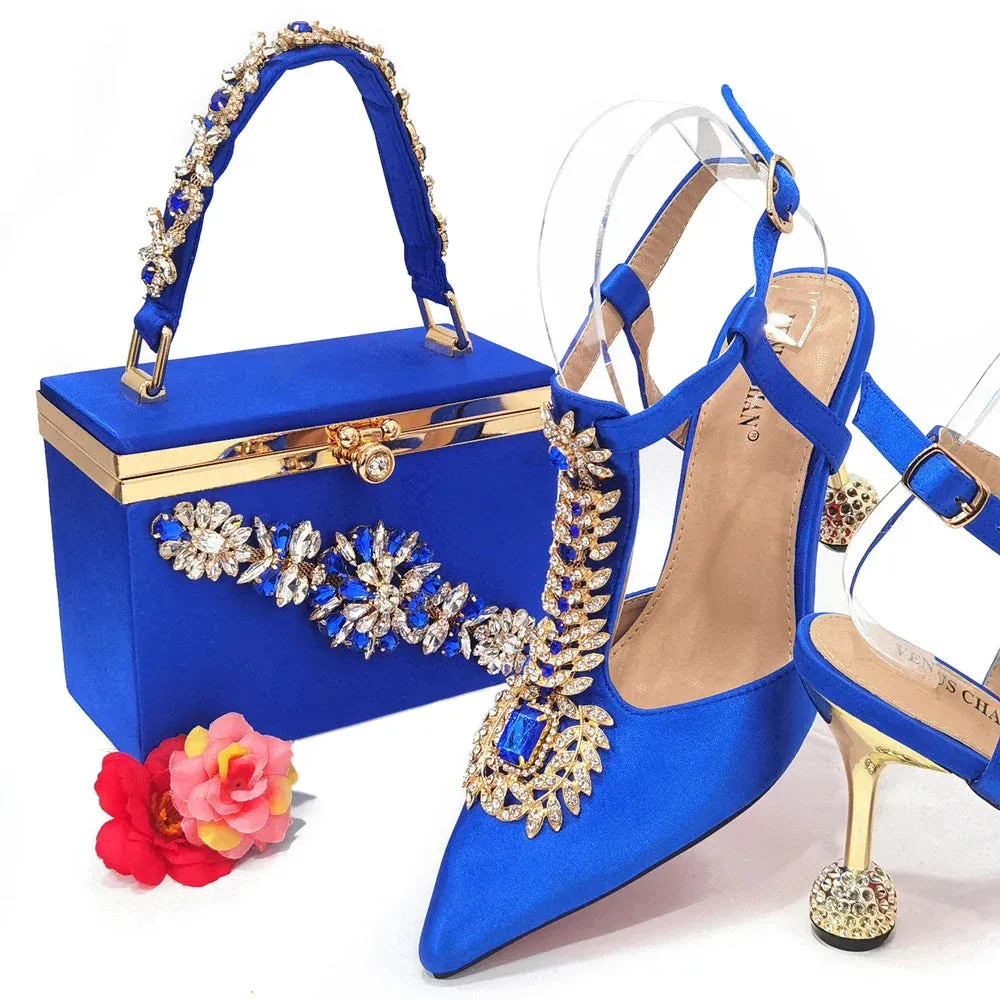 Comfortable Streamlined Pointed Toe Women's Shoes Matching Big Crystal Square Box Bag