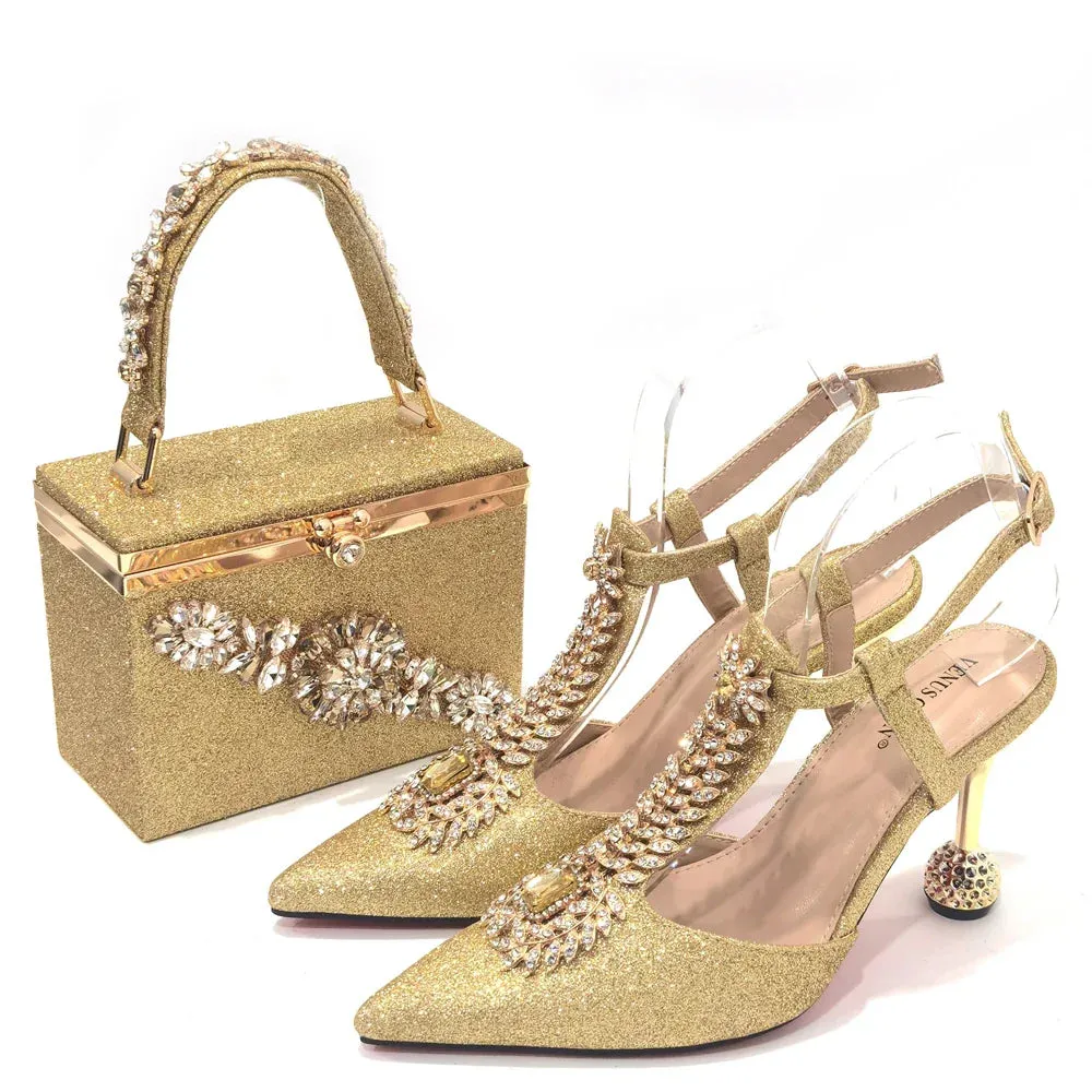 Comfortable Streamlined Pointed Toe Women's Shoes Matching Big Crystal Square Box Bag