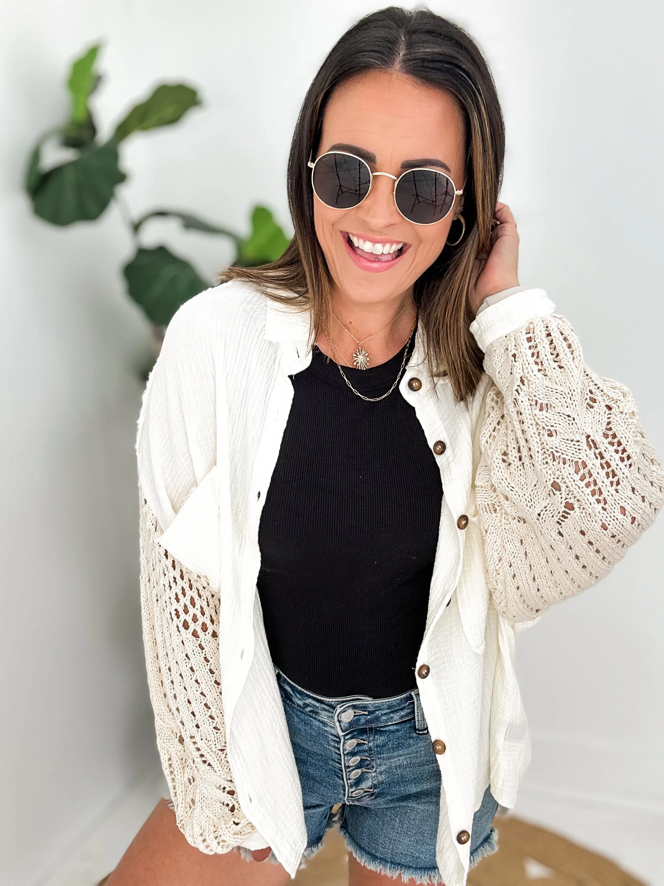 Cream Crochet Button Down Top