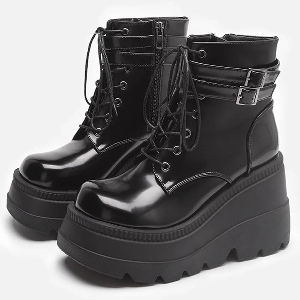 DEANWANGKT Big Size 35-43 Brand New Women's Wedges High Heels Boots  Fashion Zip High Platform Ankle Boots Women Party Goth Shoes Woman