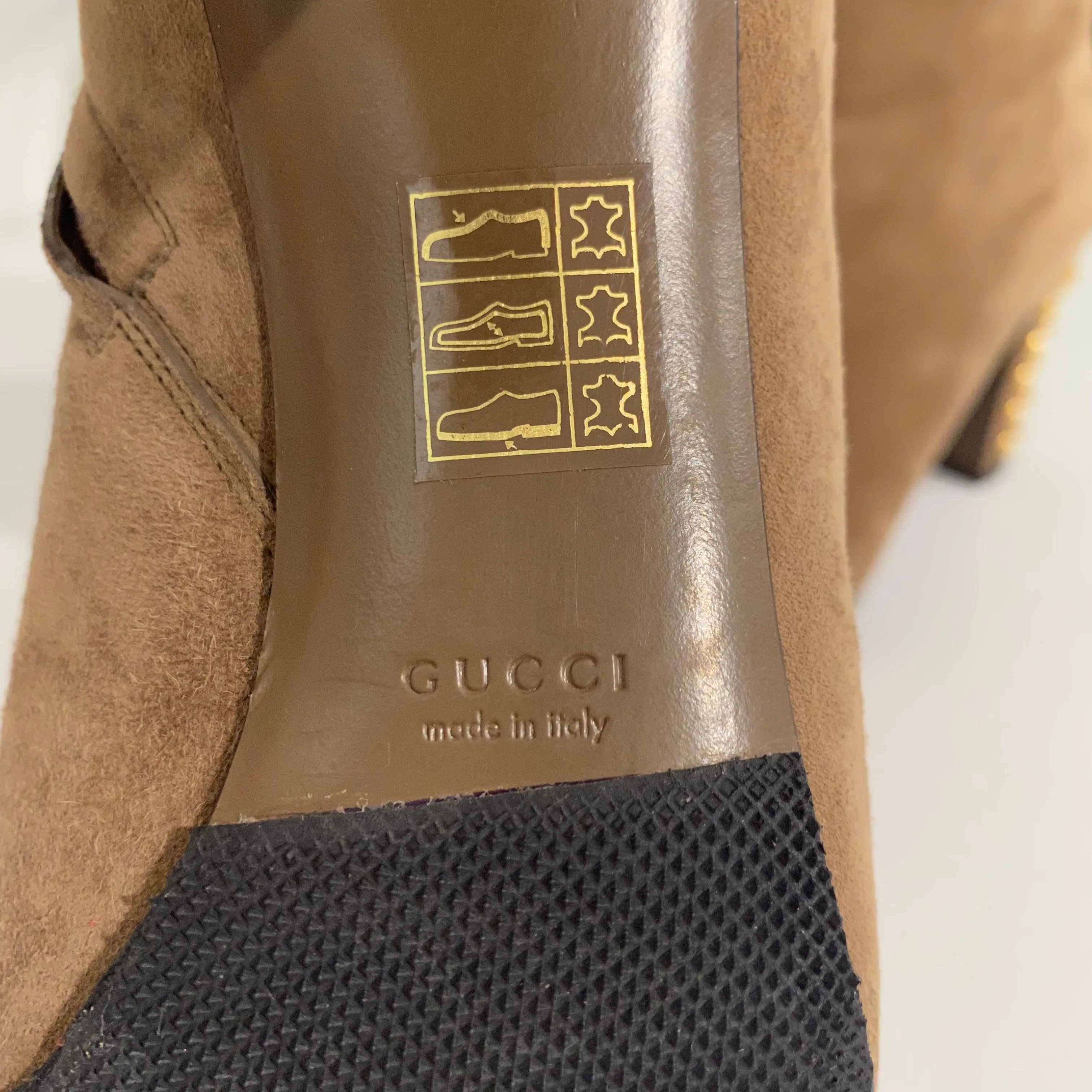 Gucci Gold Studded Tan Suede Boots