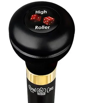 High Roller Casino Emblem Flask Walking Stick: Wood Shaft Hidden Flask