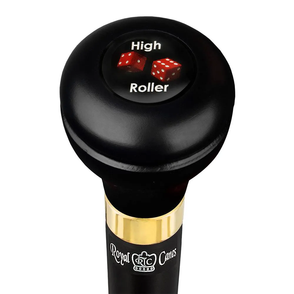 High Roller Casino Emblem Flask Walking Stick: Wood Shaft Hidden Flask