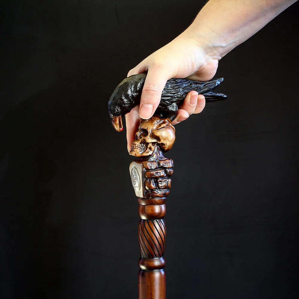 Intricate Handcarved Black Crow & Skull Artisan Cane - Unique