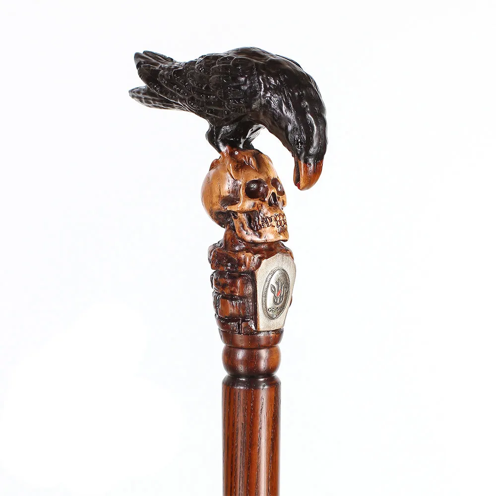 Intricate Handcarved Black Crow & Skull Artisan Cane - Unique
