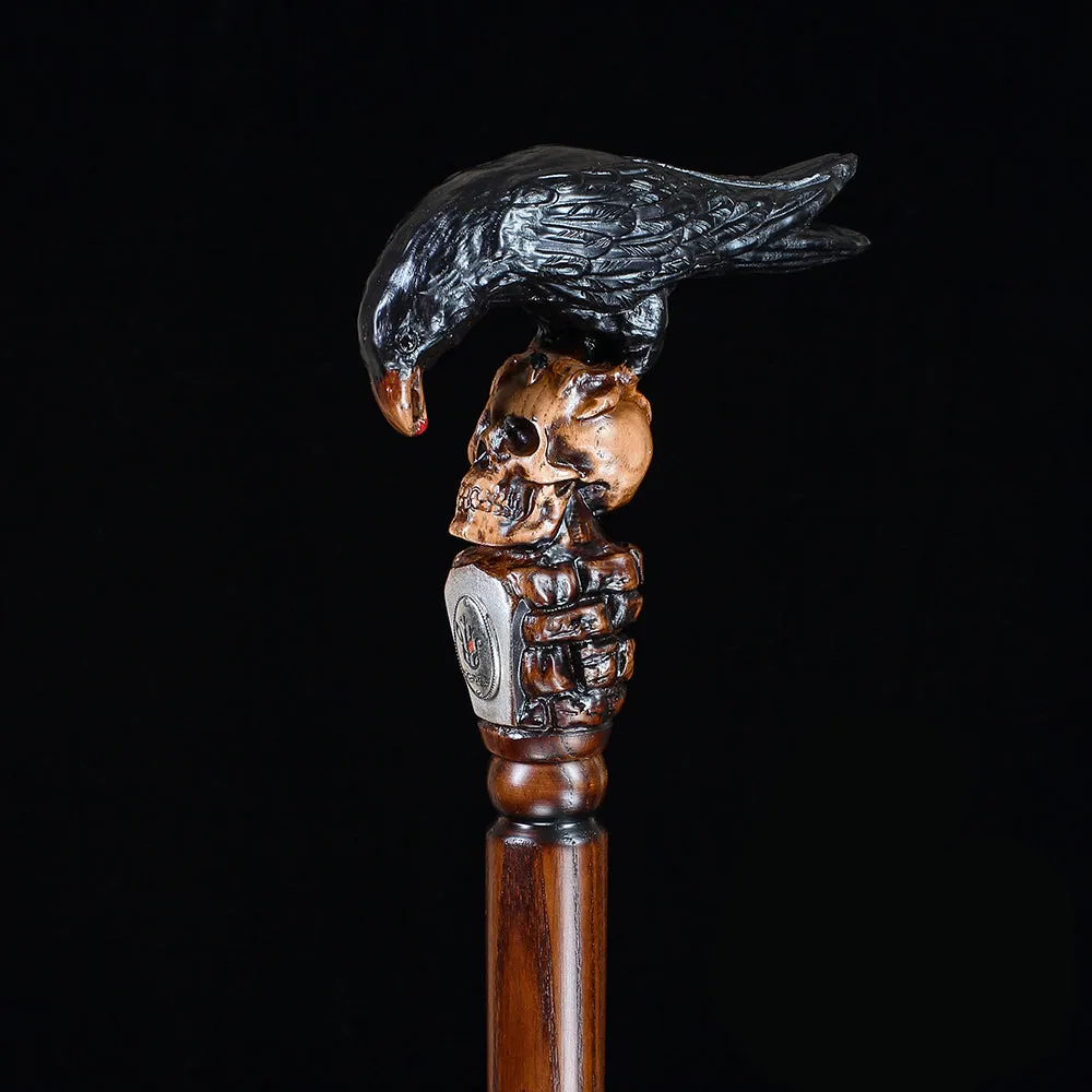 Intricate Handcarved Black Crow & Skull Artisan Cane - Unique