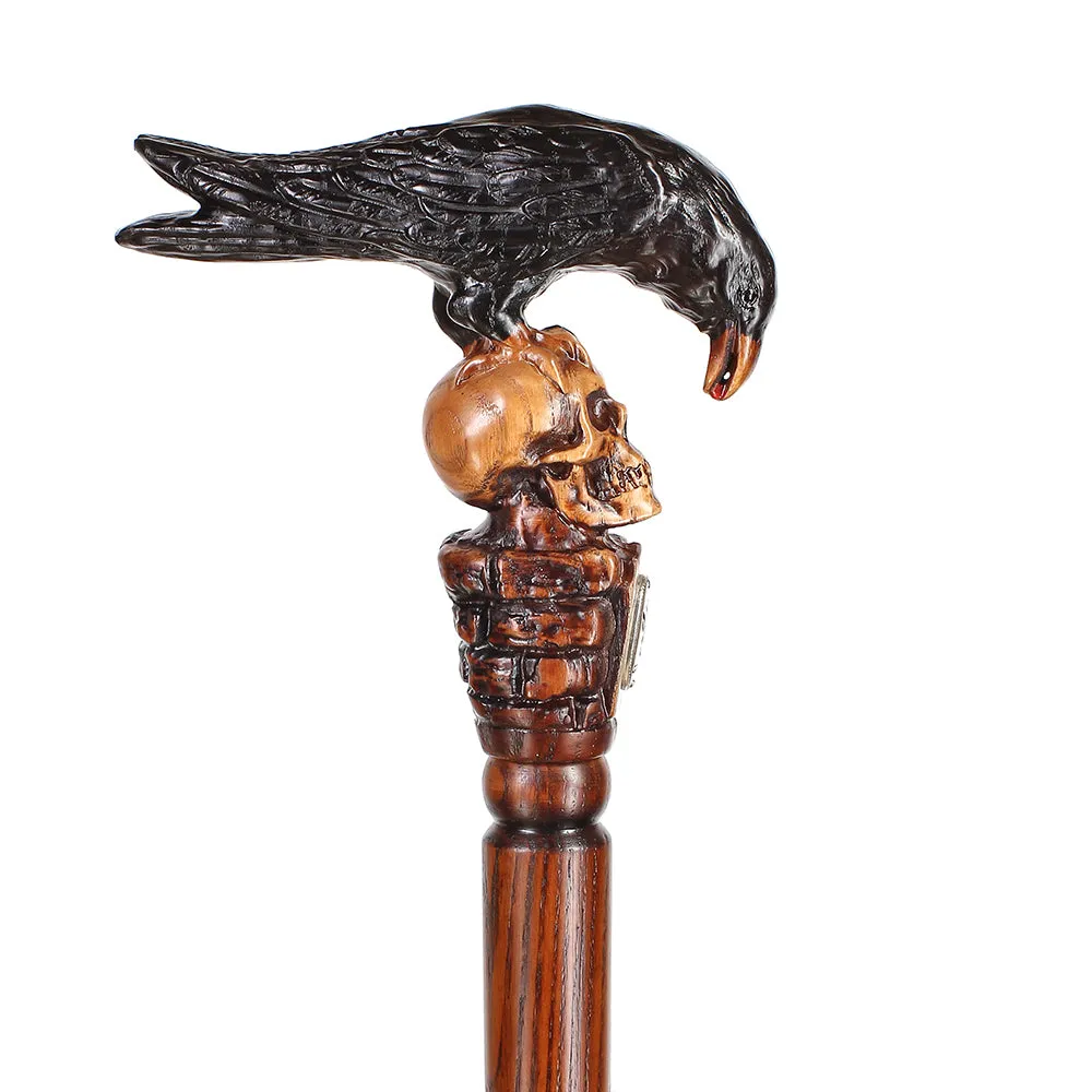 Intricate Handcarved Black Crow & Skull Artisan Cane - Unique