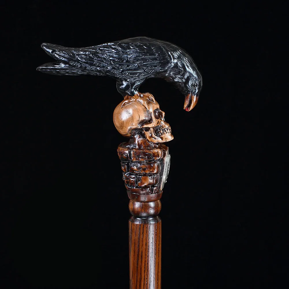 Intricate Handcarved Black Crow & Skull Artisan Cane - Unique