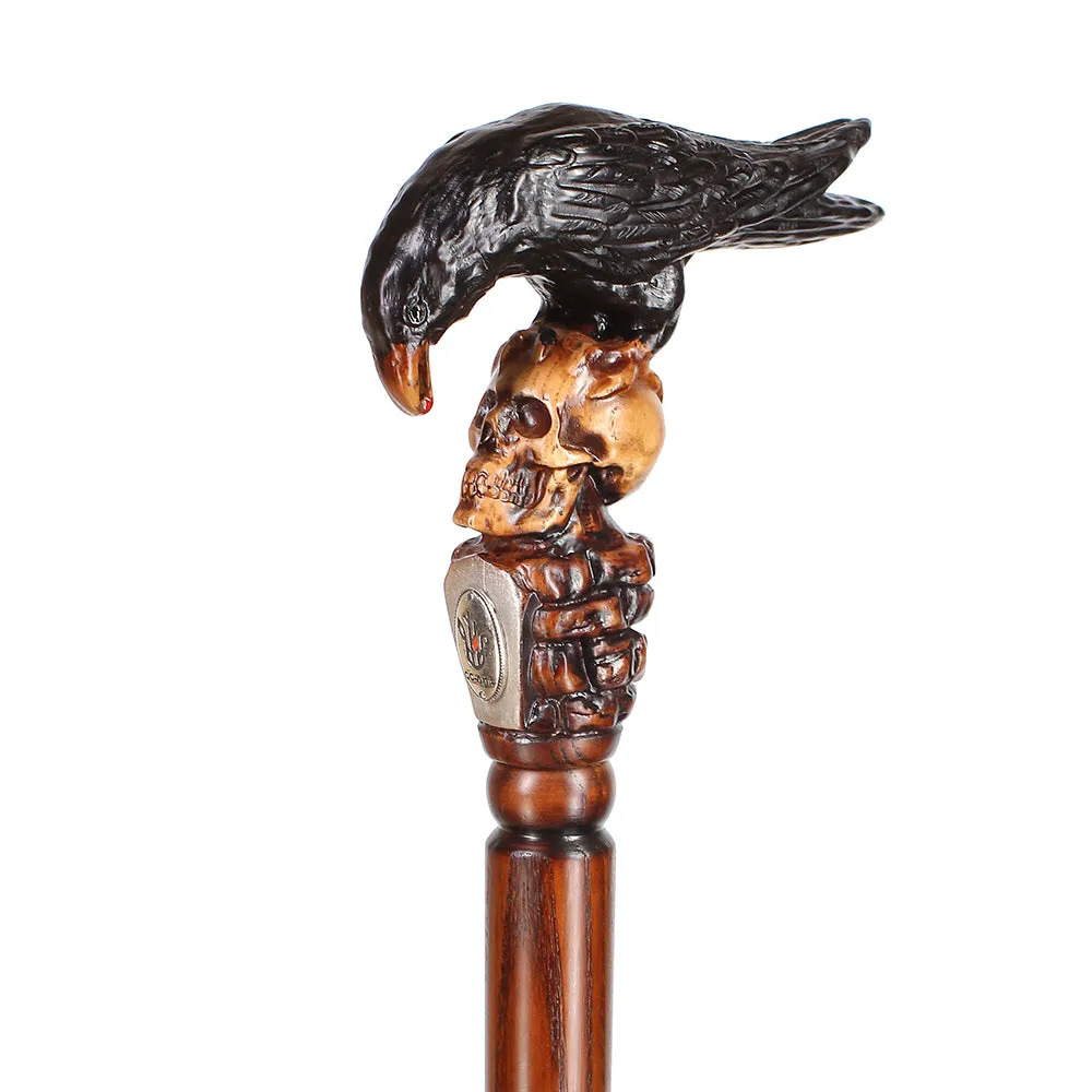 Intricate Handcarved Black Crow & Skull Artisan Cane - Unique