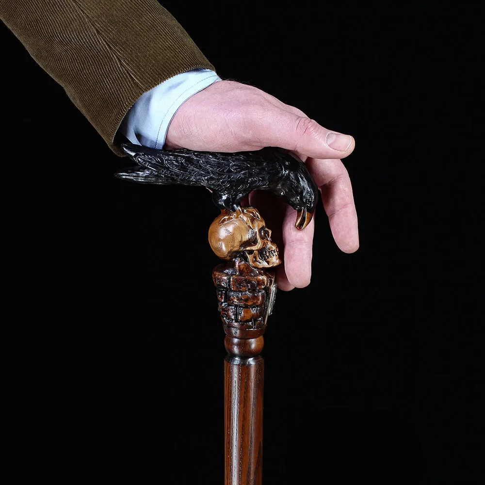 Intricate Handcarved Black Crow & Skull Artisan Cane - Unique