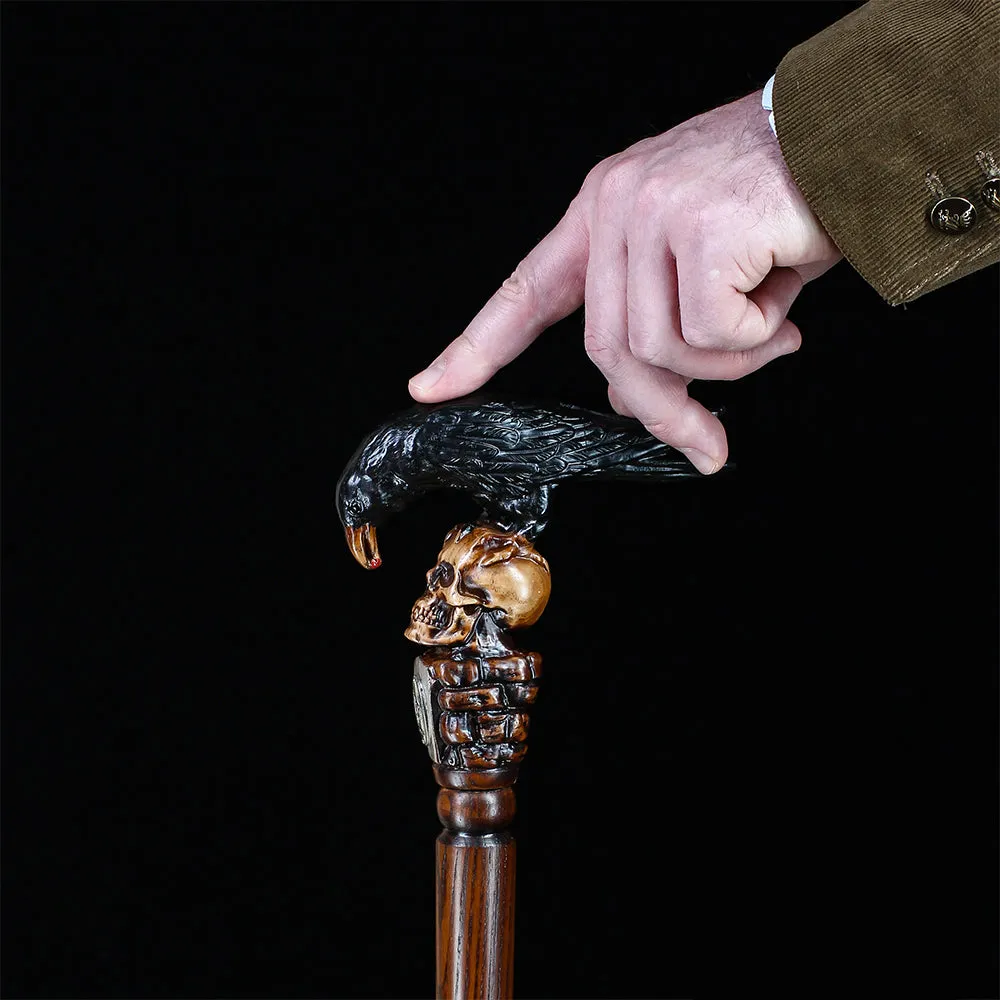 Intricate Handcarved Black Crow & Skull Artisan Cane - Unique