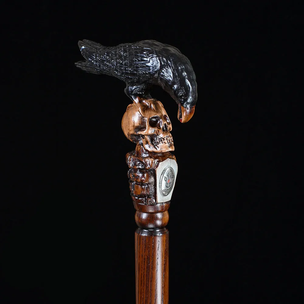 Intricate Handcarved Black Crow & Skull Artisan Cane - Unique