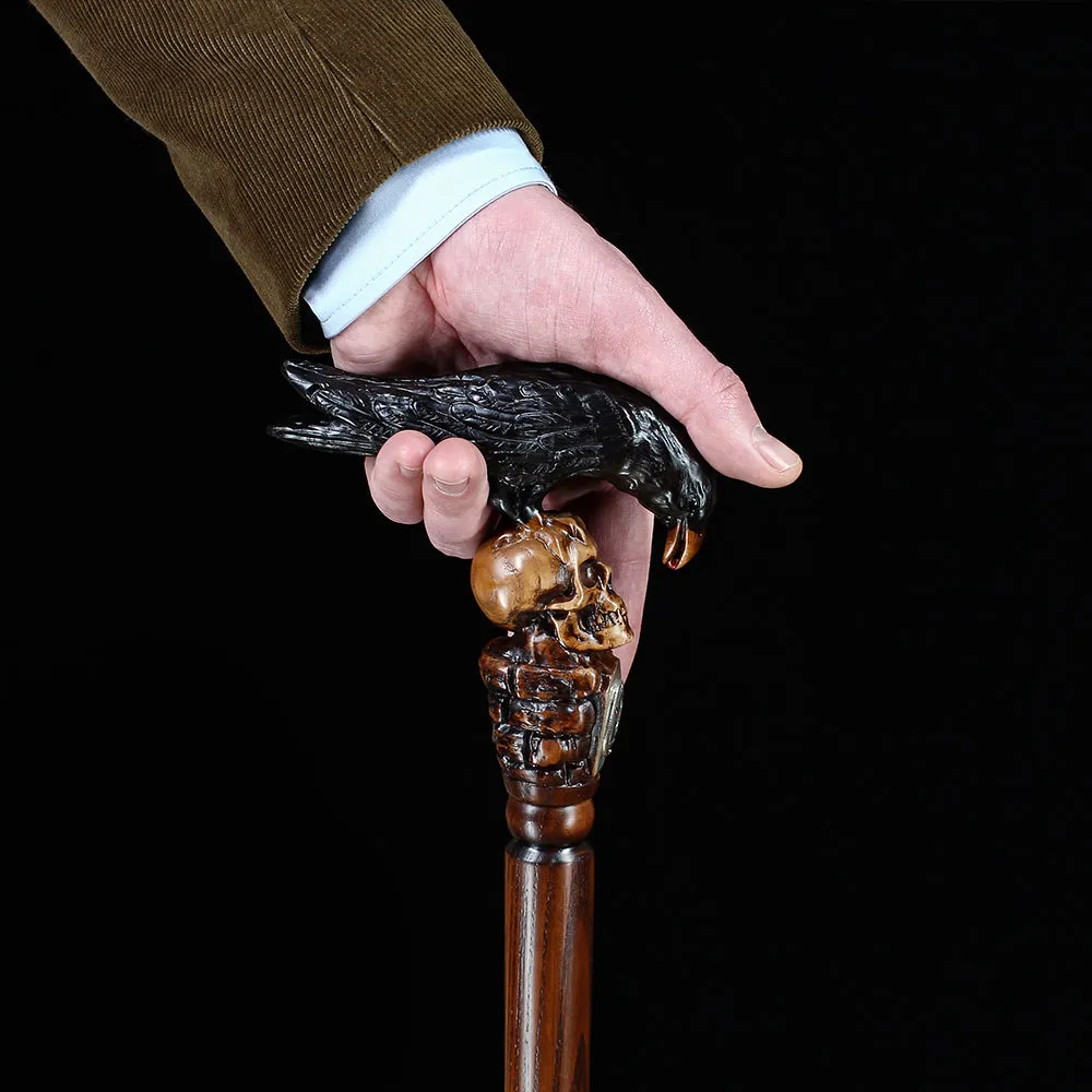 Intricate Handcarved Black Crow & Skull Artisan Cane - Unique