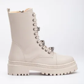 Irene - Beige Combat Boots with Rhinestones