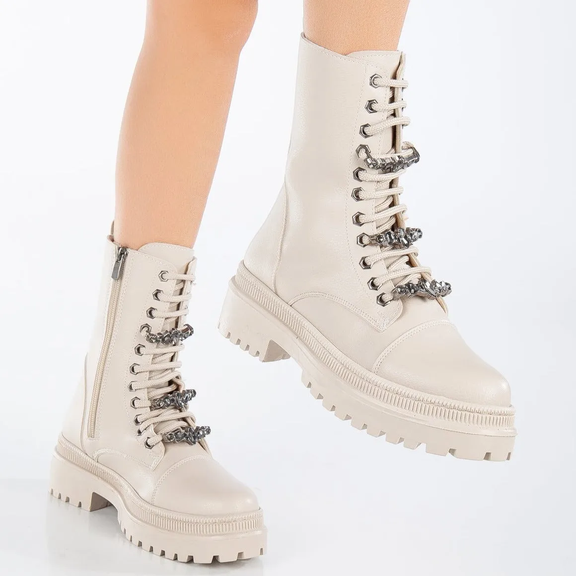 Irene - Beige Combat Boots with Rhinestones