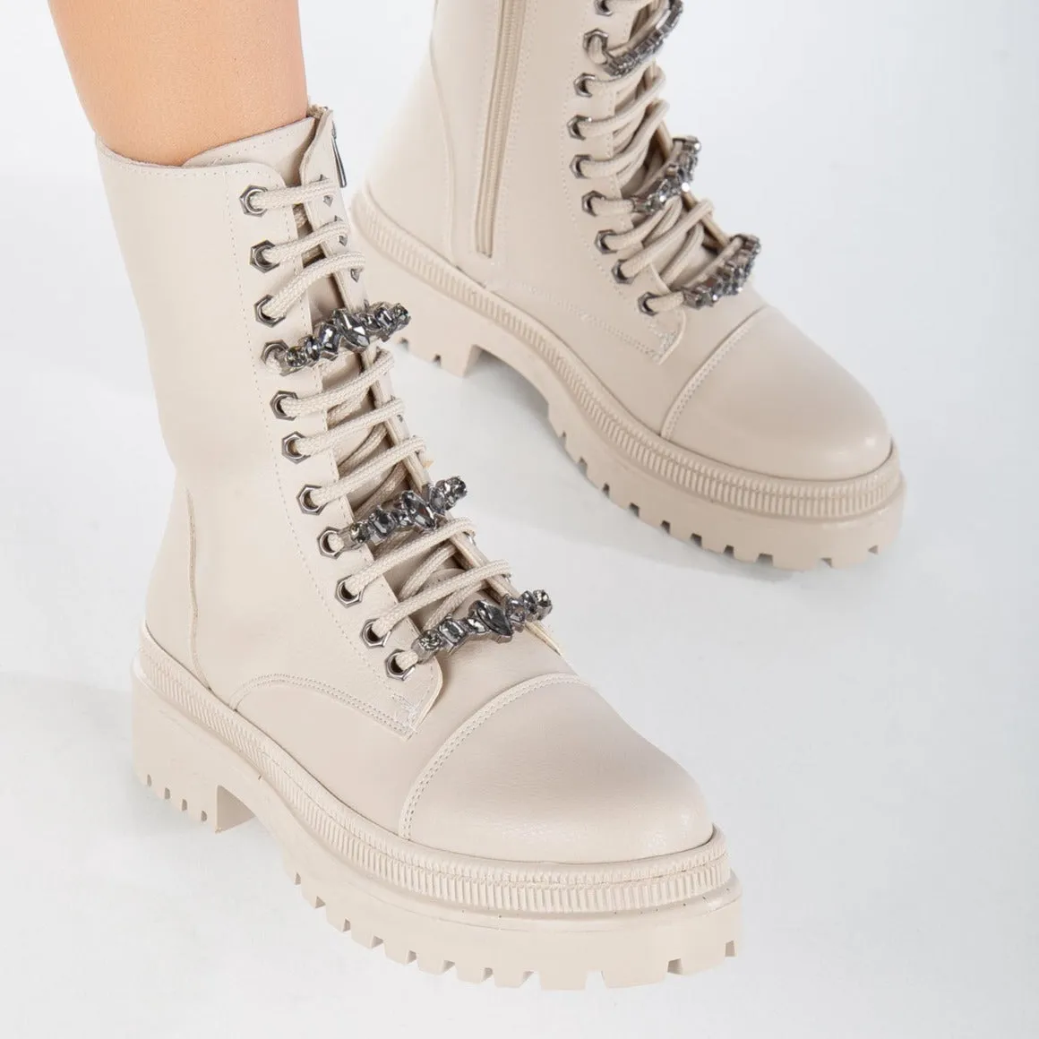 Irene - Beige Combat Boots with Rhinestones