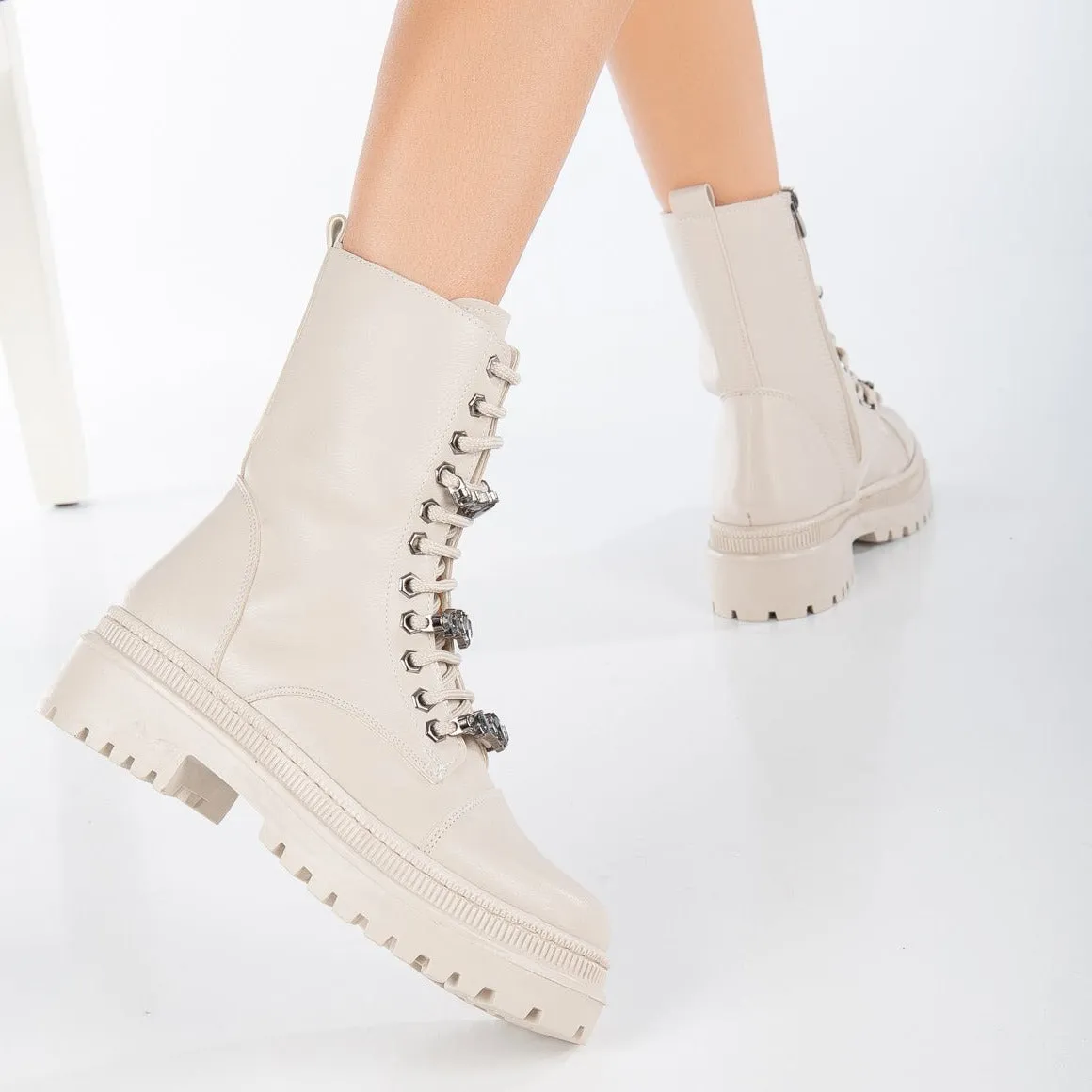 Irene - Beige Combat Boots with Rhinestones