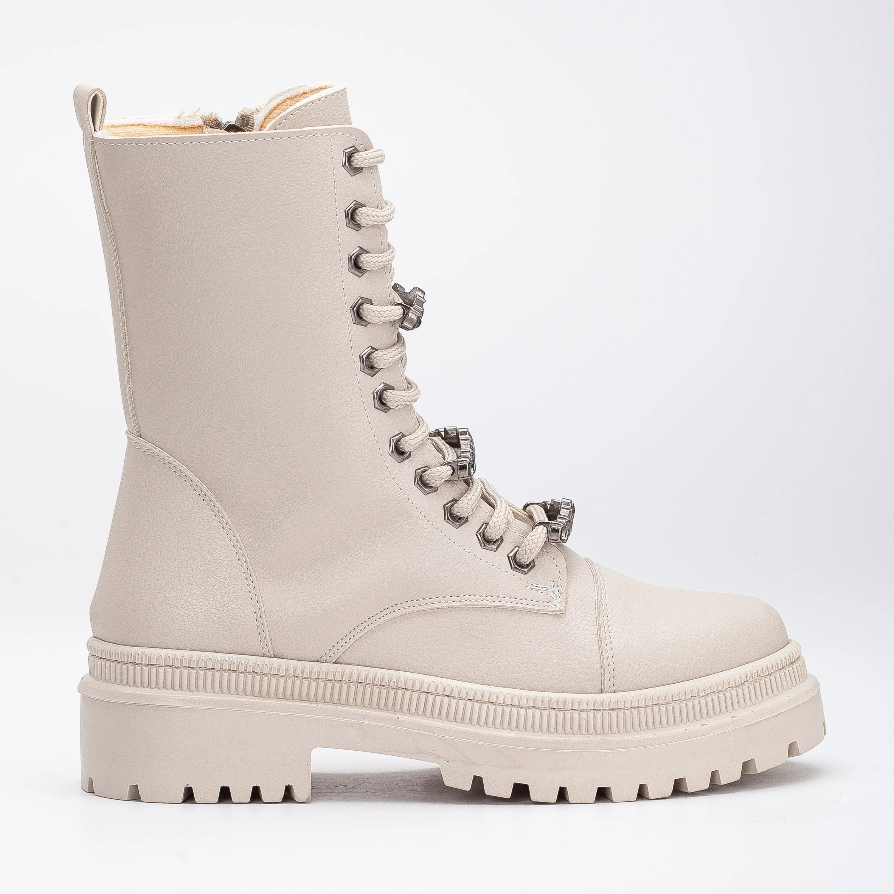 Irene - Beige Combat Boots with Rhinestones