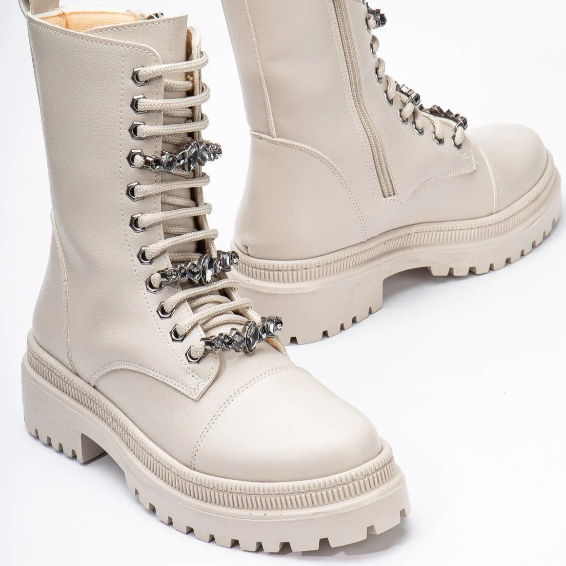 Irene - Beige Combat Boots with Rhinestones