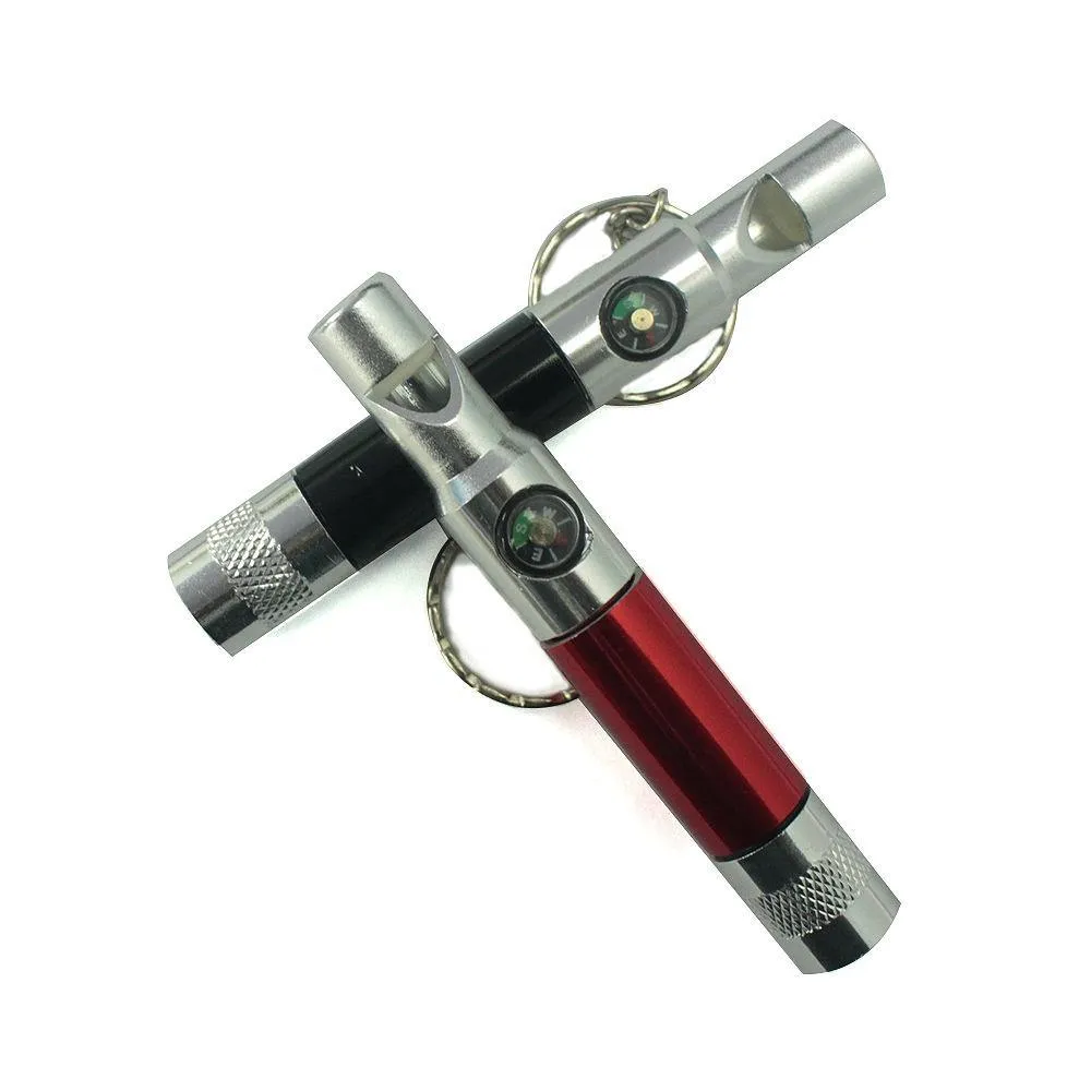 Mini LED Torch Flashlight Keychain Compass Whistle with Battery