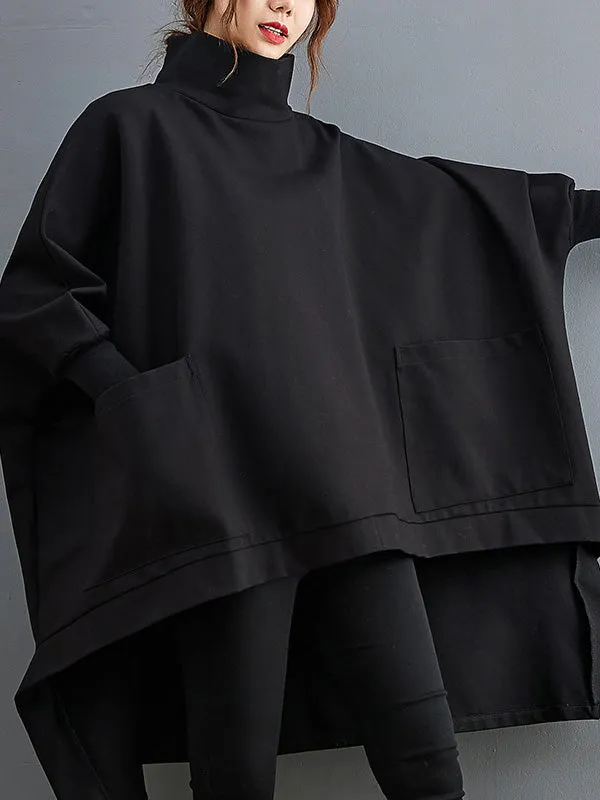 Urban Solid Color High-Neck High-Low Sweatshirt Top