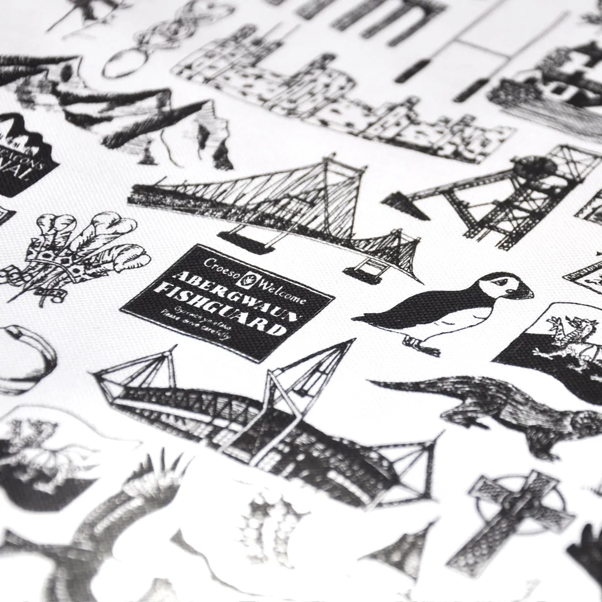 Wales Illustrated Black And White Tea Towel
