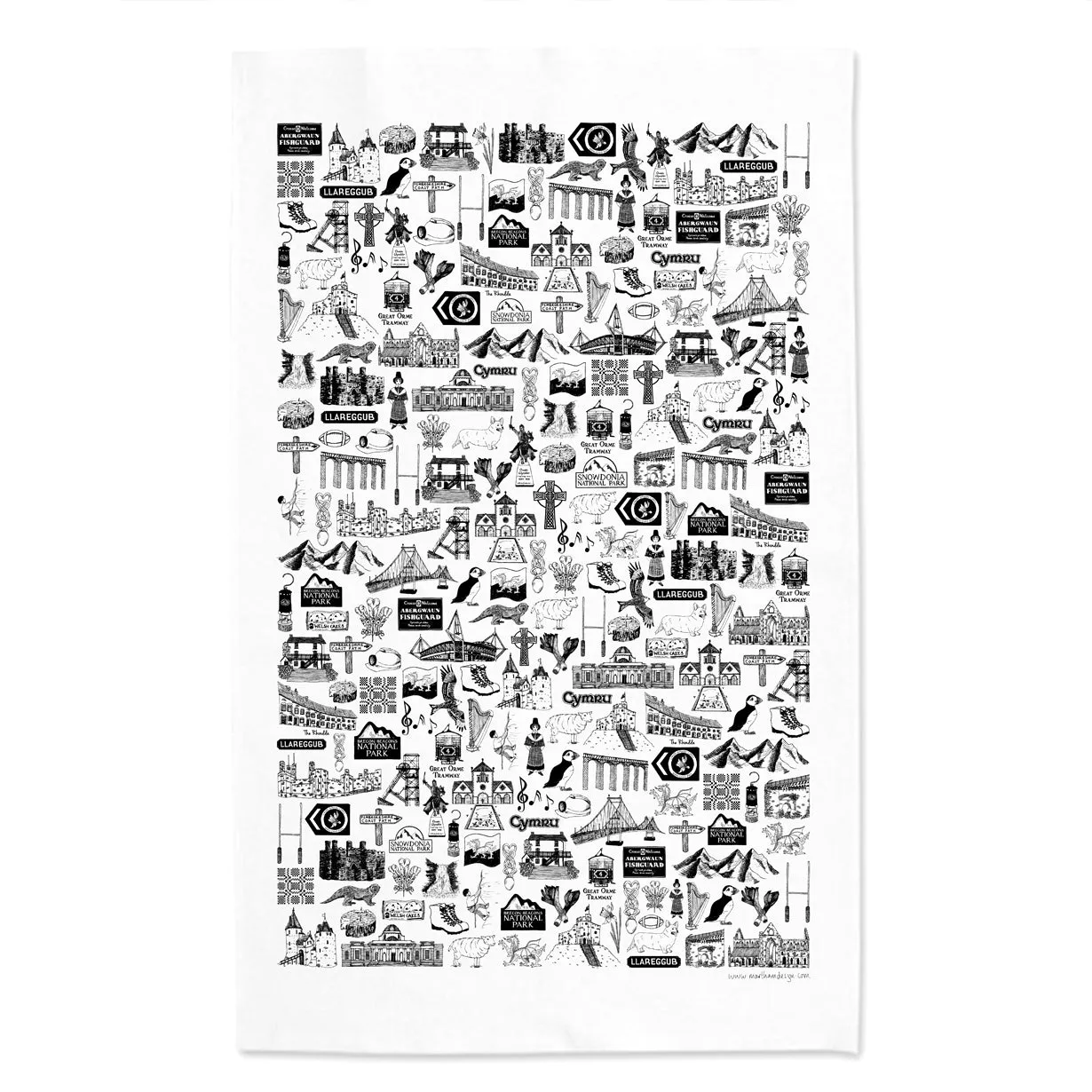 Wales Illustrated Black And White Tea Towel
