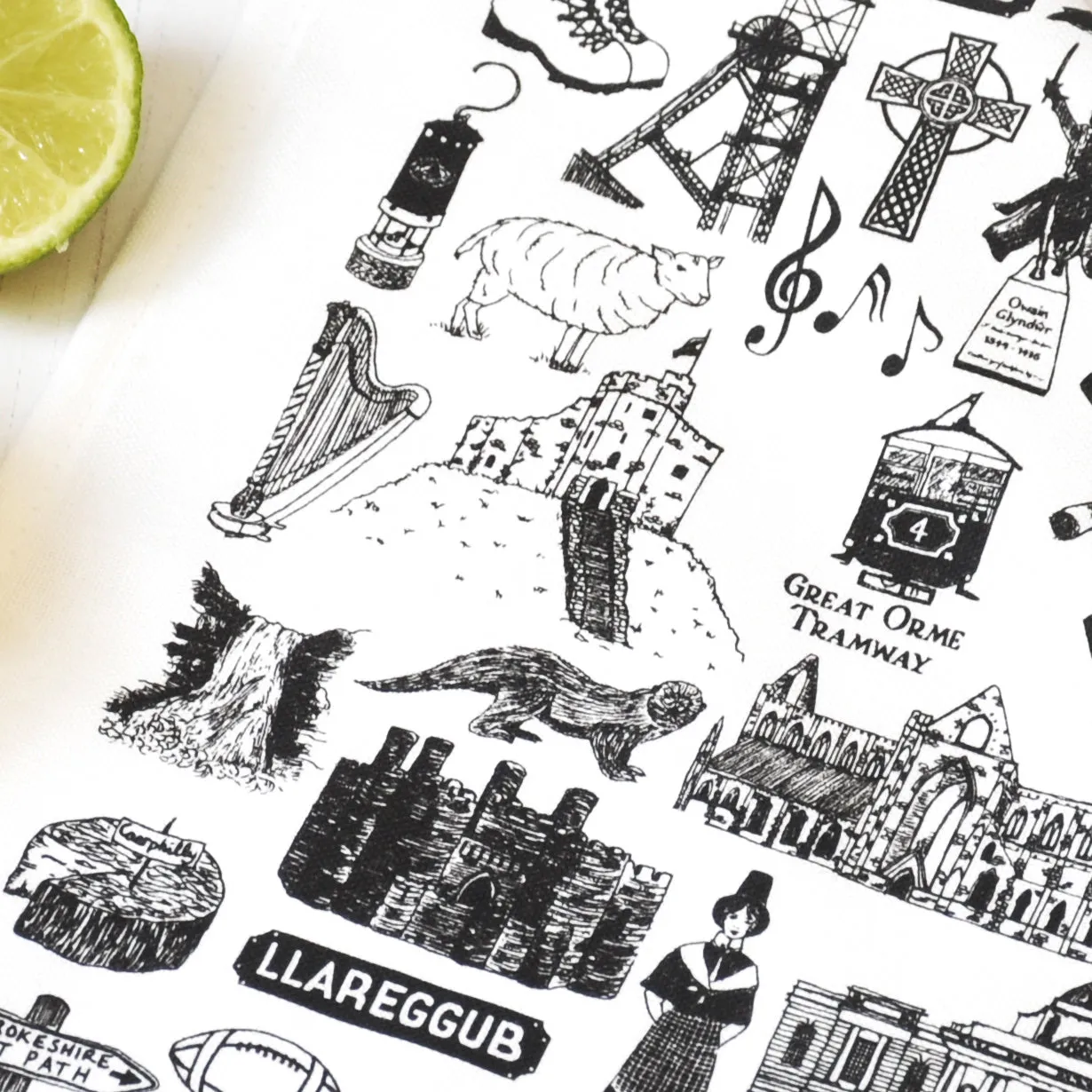 Wales Illustrated Black And White Tea Towel