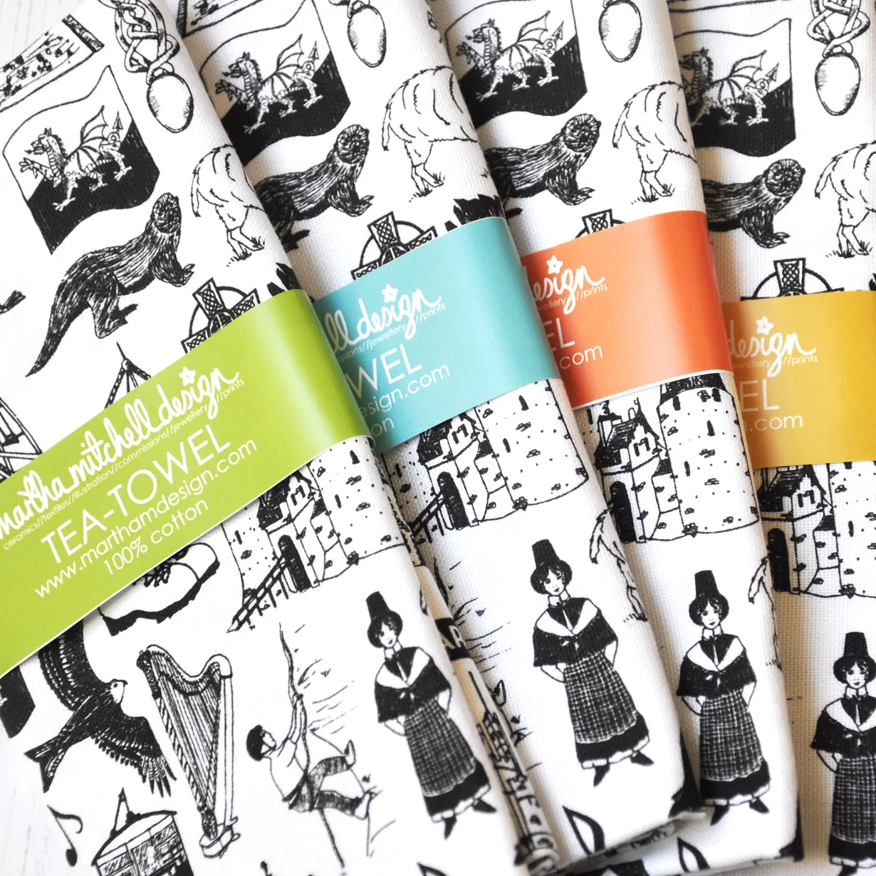 Wales Illustrated Black And White Tea Towel