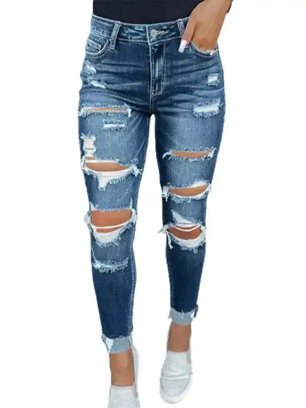 Women’s Rip Distressed Lined With Plaid Print Curvy Fit Skinny Jeans