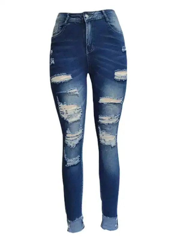 Women’s Rip Distressed Lined With Plaid Print Curvy Fit Skinny Jeans