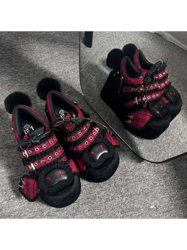Y2K Black Rabbit Plaid Platform Shoes【s0000008557】