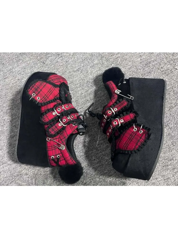 Y2K Black Rabbit Plaid Platform Shoes【s0000008557】