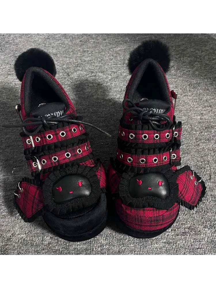 Y2K Black Rabbit Plaid Platform Shoes【s0000008557】