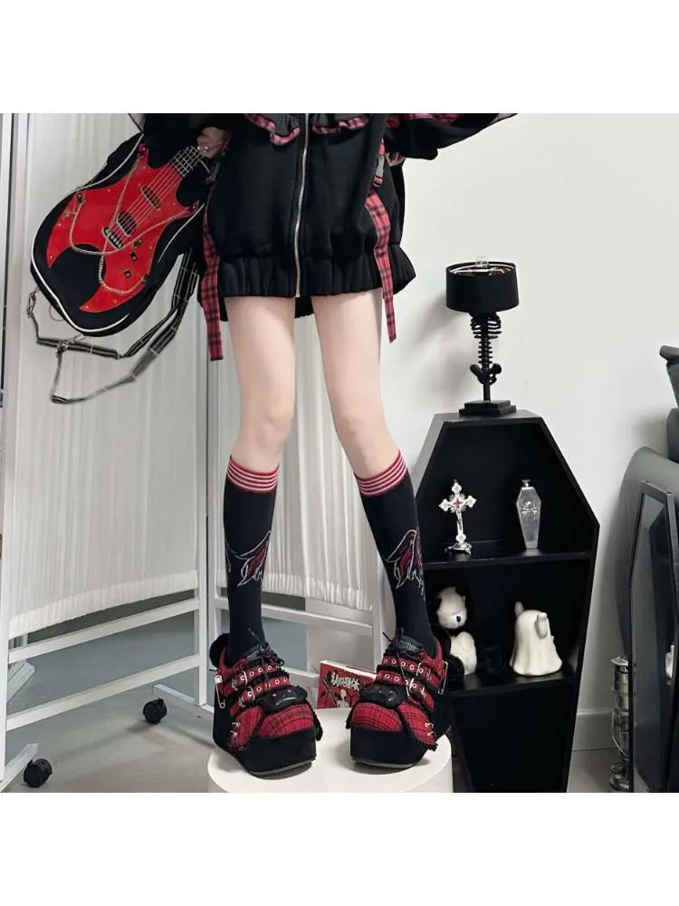 Y2K Black Rabbit Plaid Platform Shoes【s0000008557】