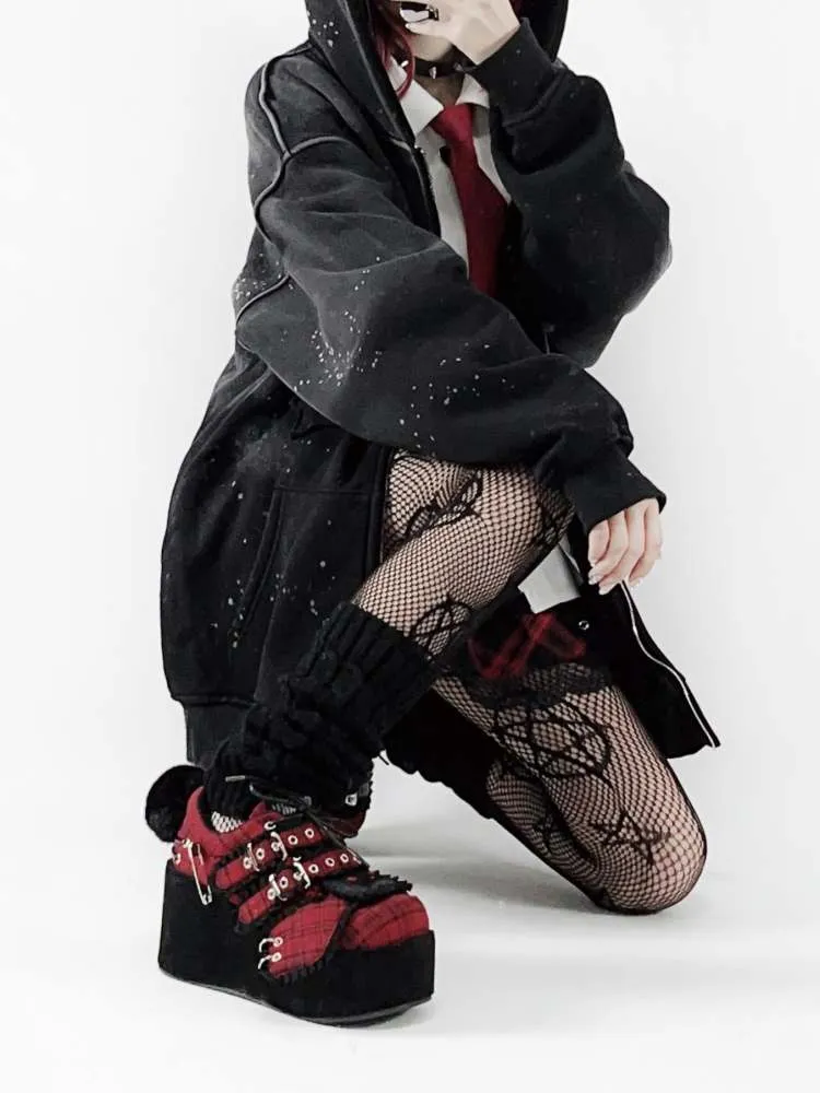 Y2K Black Rabbit Plaid Platform Shoes【s0000008557】