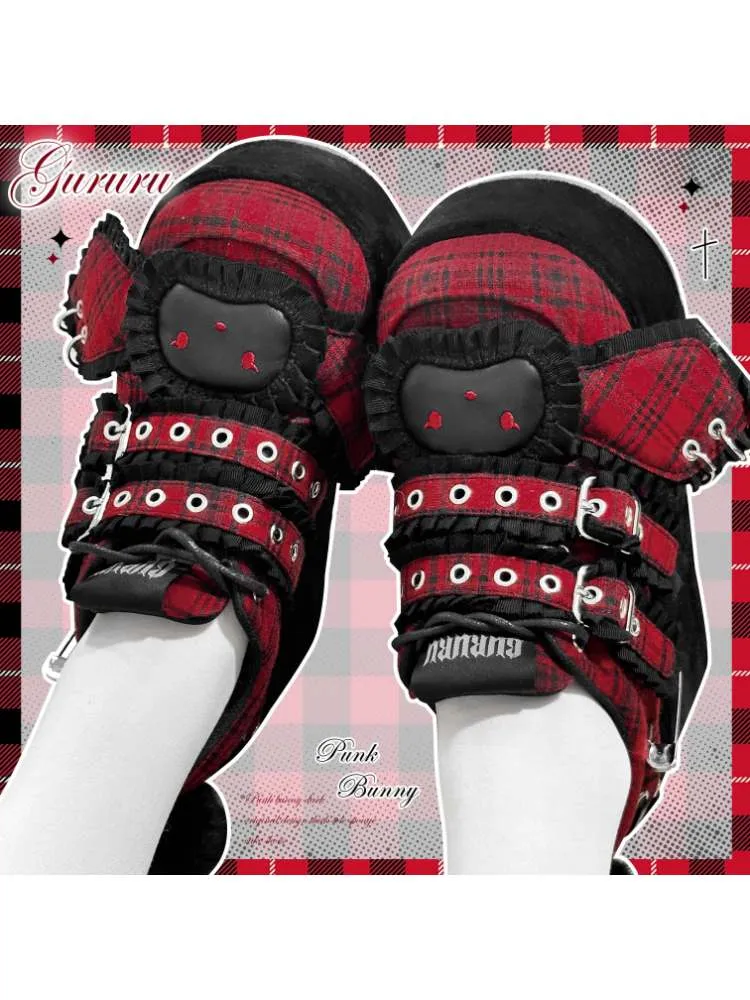 Y2K Black Rabbit Plaid Platform Shoes【s0000008557】