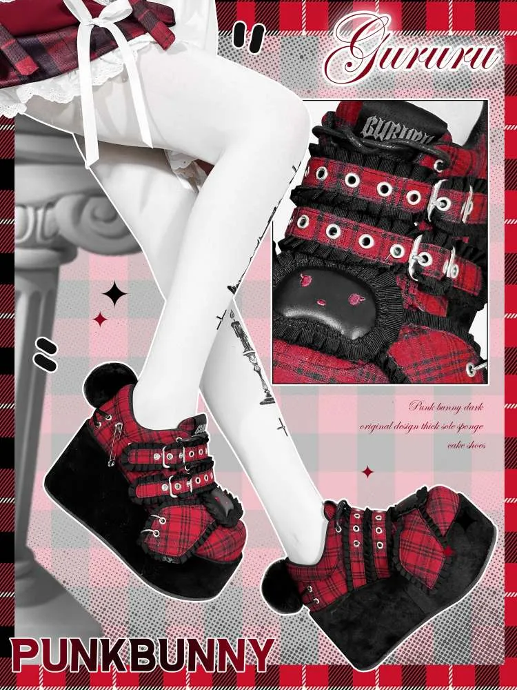 Y2K Black Rabbit Plaid Platform Shoes【s0000008557】