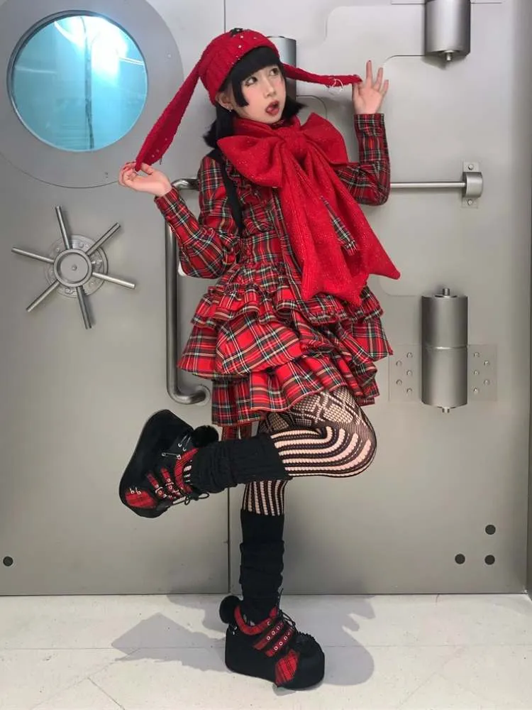 Y2K Black Rabbit Plaid Platform Shoes【s0000008557】