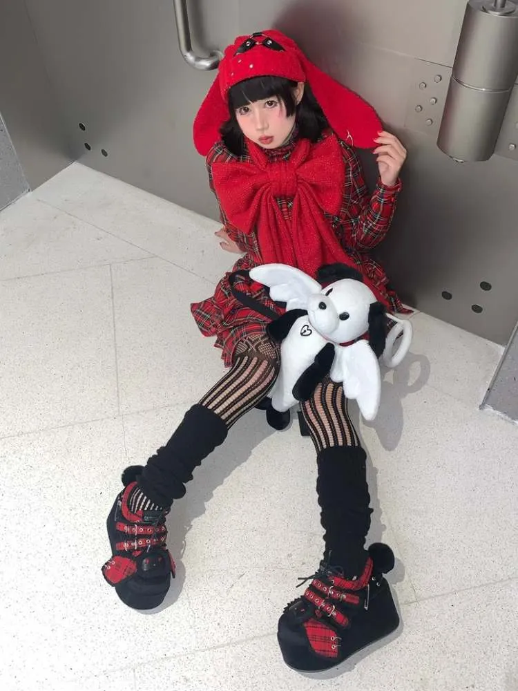 Y2K Black Rabbit Plaid Platform Shoes【s0000008557】